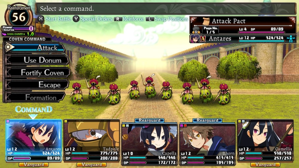 A screenshot from Labyrinth of Refrain, showing off the battle screen. The player's party faces off against tiny enemies riding caterpillars.