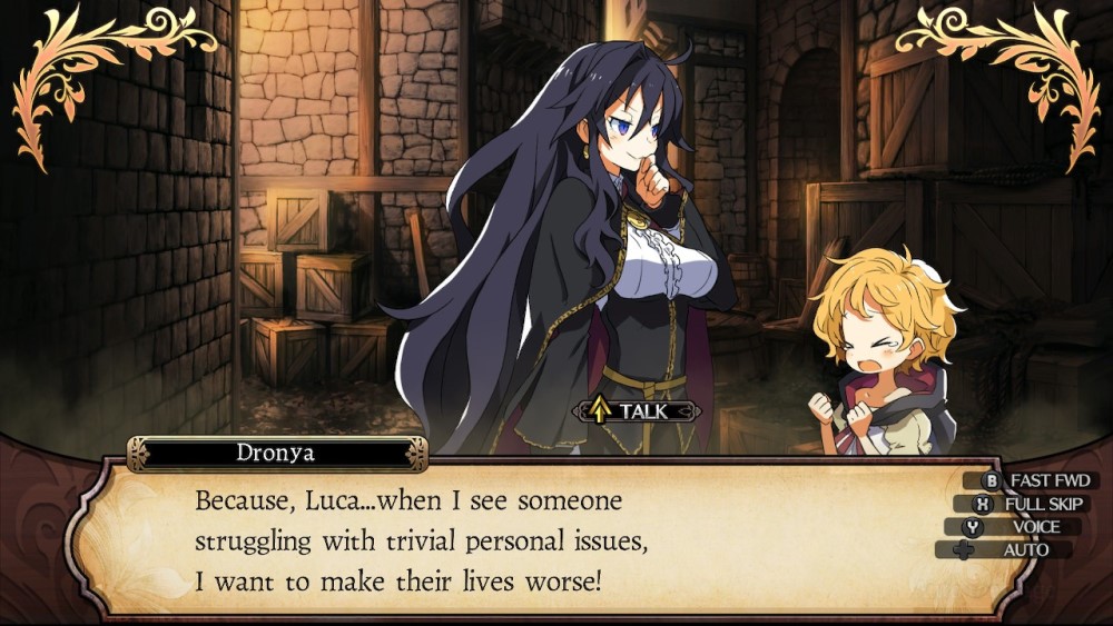 A screenshot from Labyrinth of Refrain, showing off a story scene. Dronya stands in an alleyway and exclaims: Because, Luca... when I see someone struggling with their trivial personal issues, I want to make their lives worse!