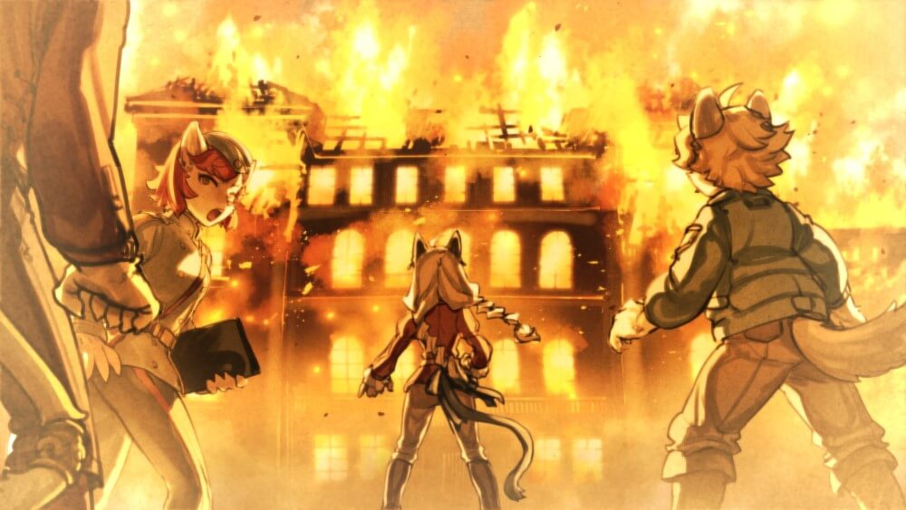 A screenshot from early in the game, characters stand before the burning blaze of a building.