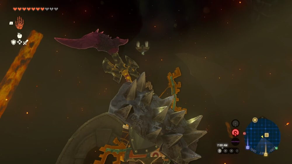 A screenshot of Link in the Depths, looking up at a constructed plane that has very clearly taken off without him.