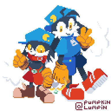 Description: A simple pixel illustration featuring Klonoa from Door to Phantomile, as well as the Klonoa from Lunatea's Veil. They stand side by side and hold up fingers to represent the number of their respective games.