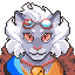 Description: A simple pixel portrait of my Warrior of Light (a purple hrothgar), wearing goggles and a fur-lined coat. Their mouth opens and closes in a simple animation.