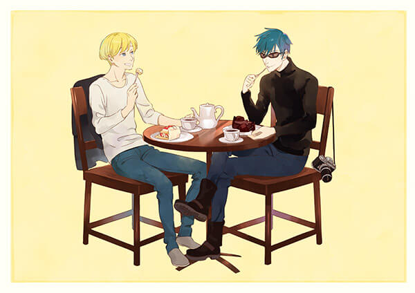 Jean and Nino sit together at a small table, both enjoying their cakes.