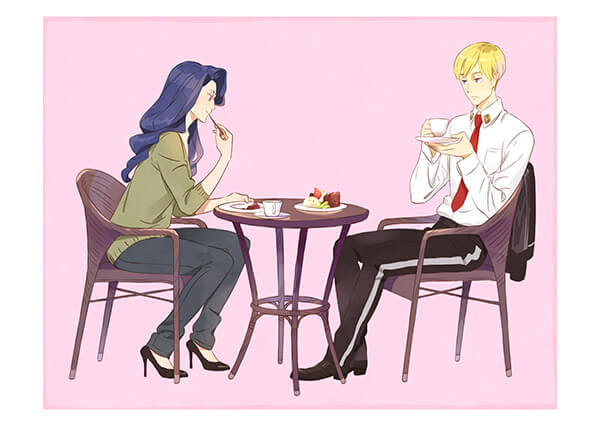 Jean and Mauve sit at a small table together. While Mauve enjoys her treat, Jean leans back and sips at his tea. His food is utterly untouched.