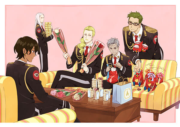 An image of the five chief officers, surrounded by various Valentine's day gifts.