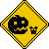 Pixel image in the style of construction signs, a gourd watching over a budding plant.